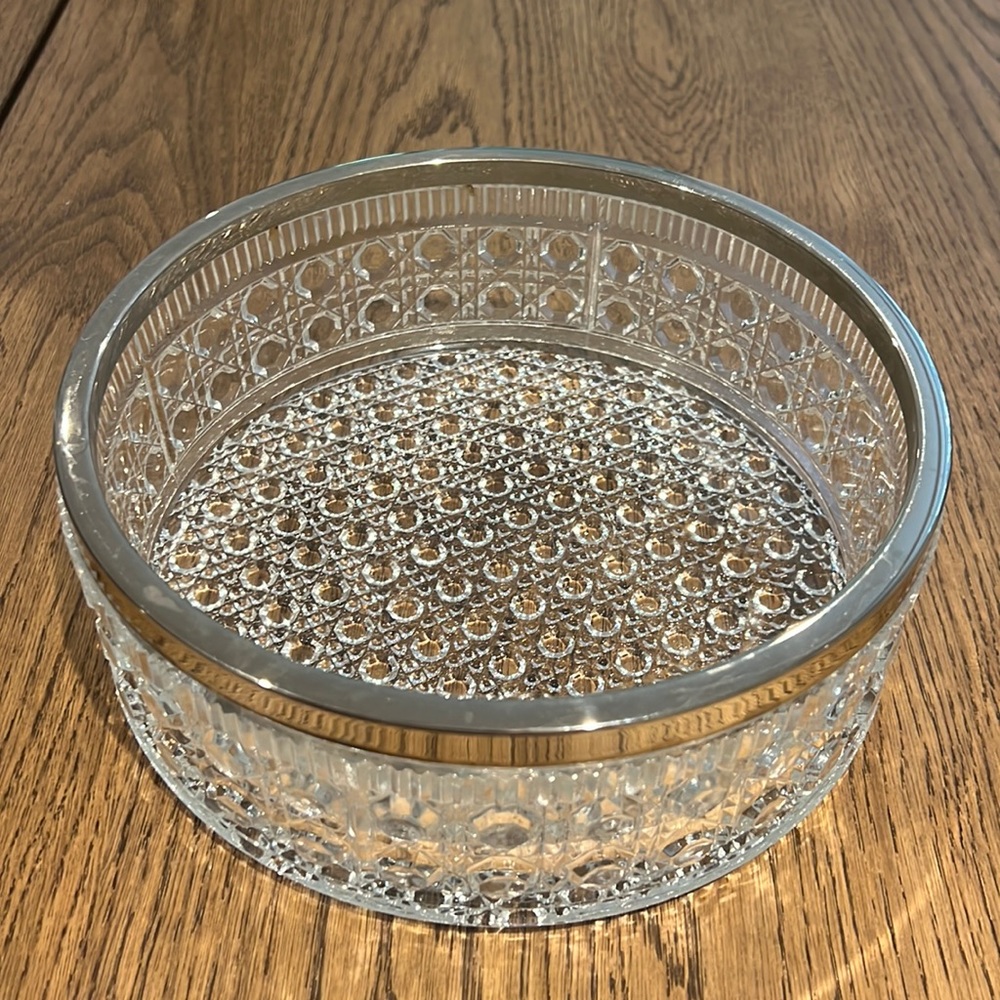 Vintage crystal round bowl with silver rim